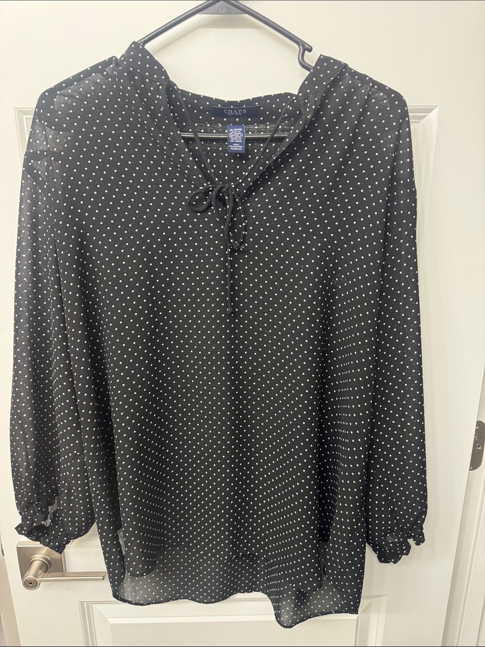 Chaps Black and White Polka Dot Tie-Front Blouse